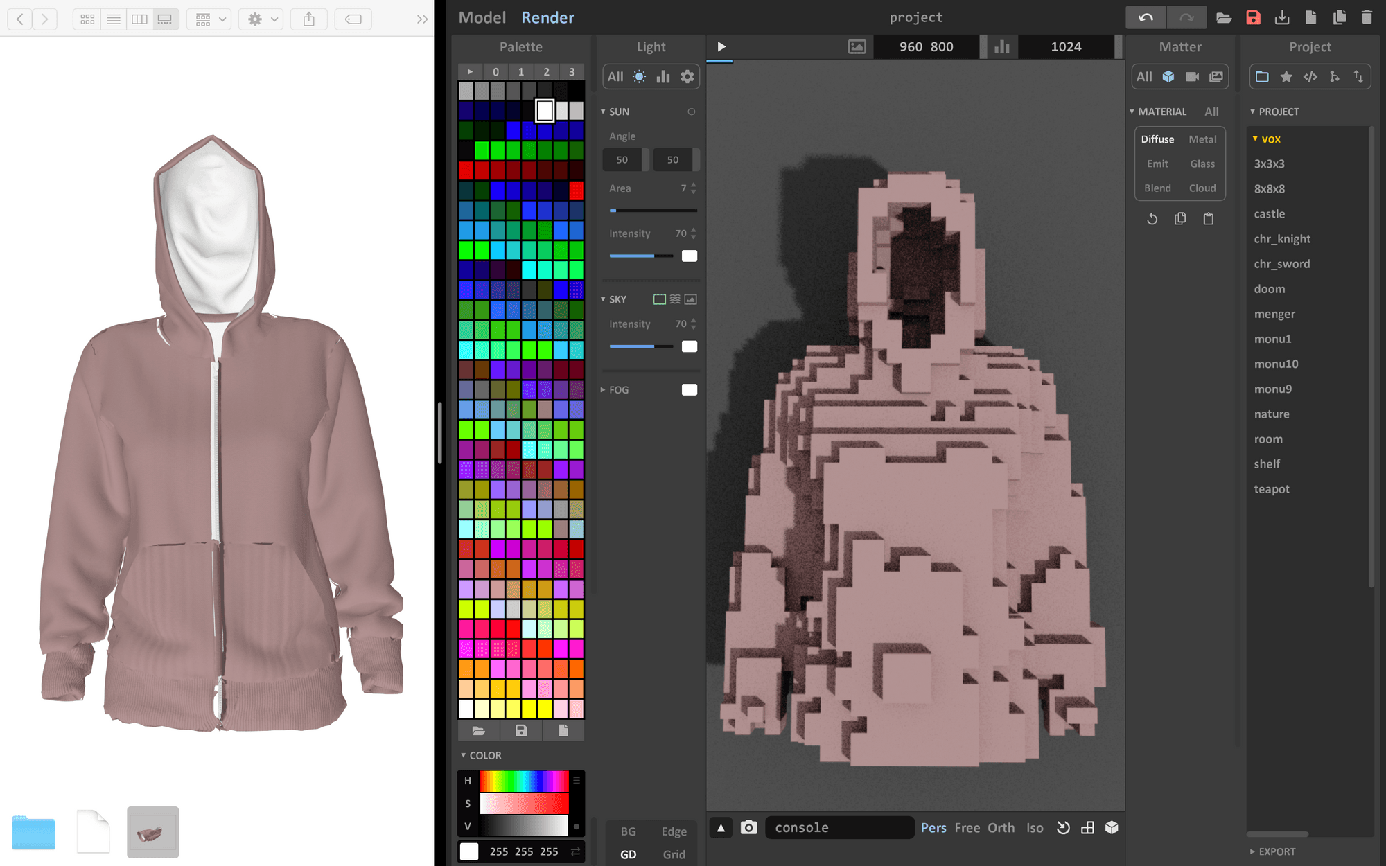 A 3D model of a light pink sweater beside a voxel version of the same sweater