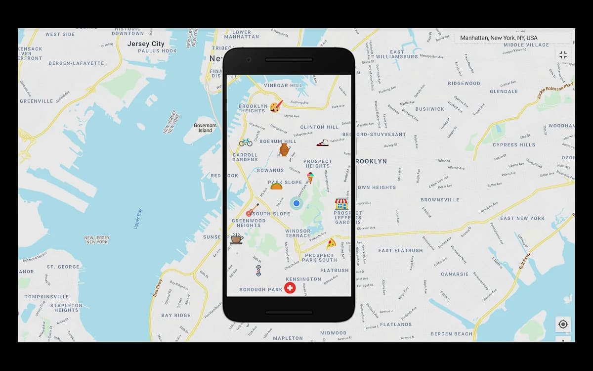 A phone over a map with icons marking mobile vendors