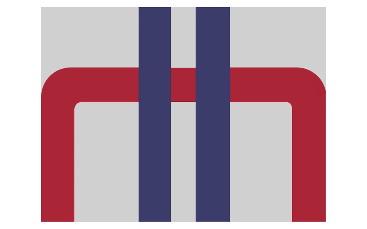 A logo of two blue lines with a red line behind them, shaped like a staple