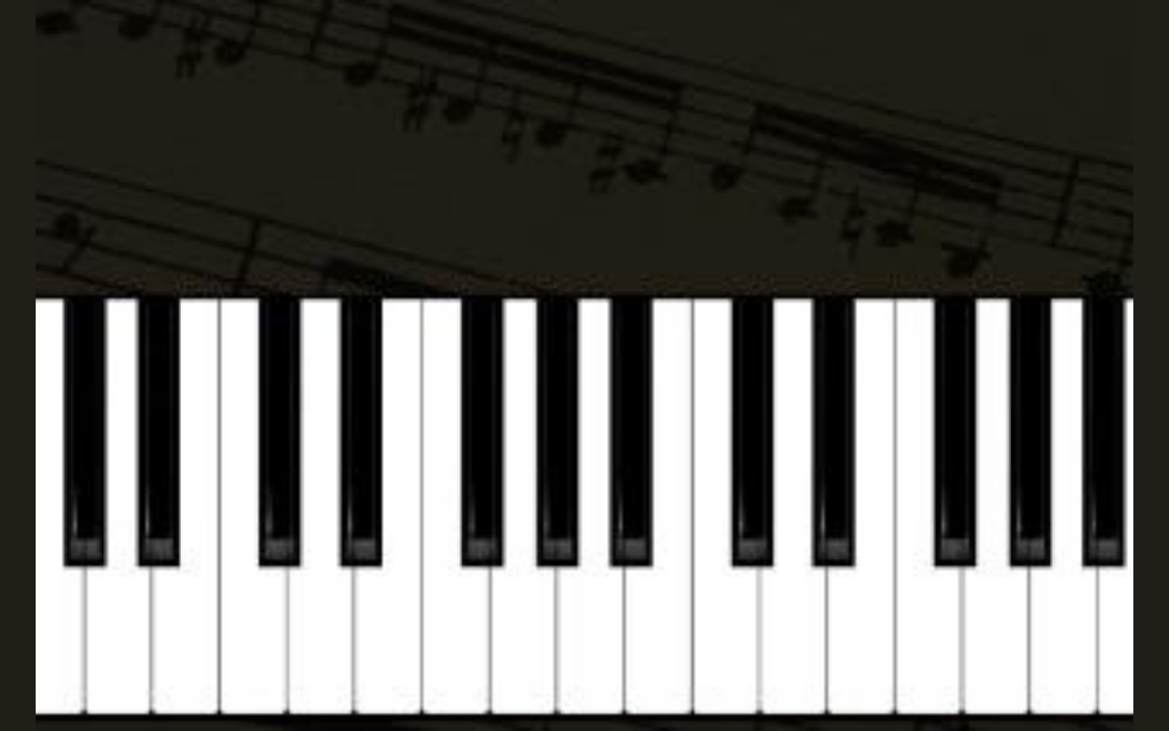 Piano keys on with a background of musical notes