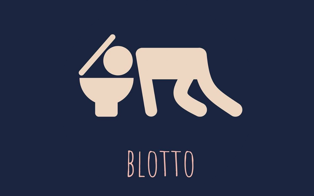 A flat image of a body with its head in a toilet and the words 'Blotto' written under the image.