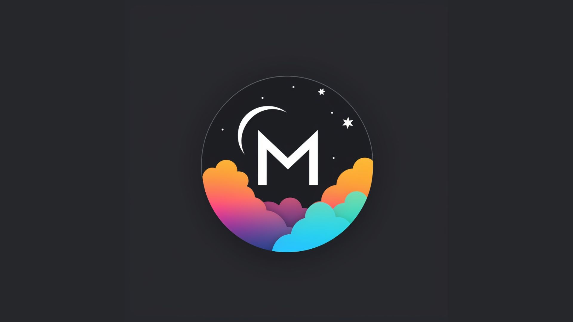 A circular logo with an M in the middle and colorful clouds at the bottom.