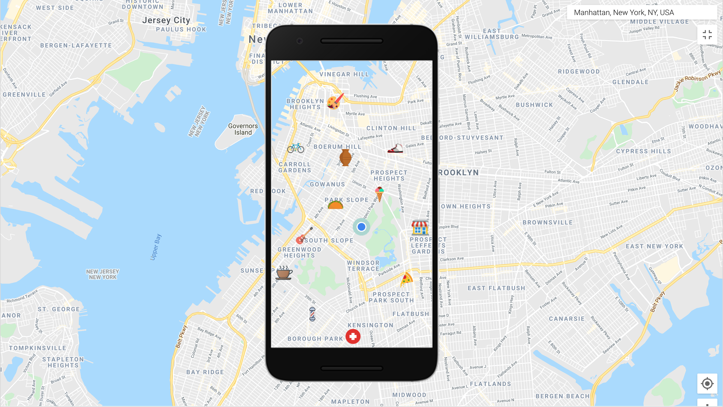 A smart phone overlayed on top of a map with icons for mobile vendors
