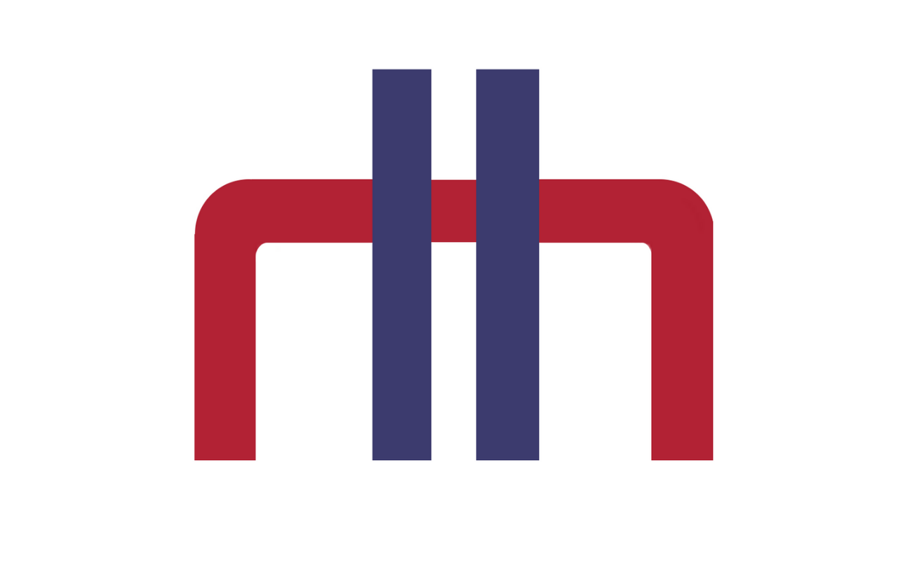 A logo with two parallel blue lines at the forefront and a red line in the background in the shape of a staple